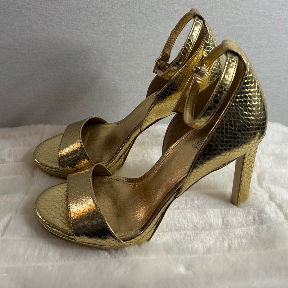 Michael Kors Gold Metallic Snake-Embossed Ankle Strap Heels